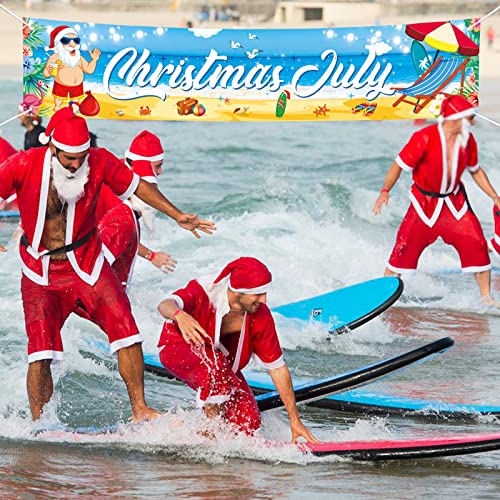 Large Backdrop | 8.2 X 1.3Ft Christmas In July Banner For Outside Decorations, Fabric Hawaii Mele Kalikimaka Tropical Merry Christmas Summer Santa Snowman Hanging Banner For Outdoors Garden Patio #TOP4