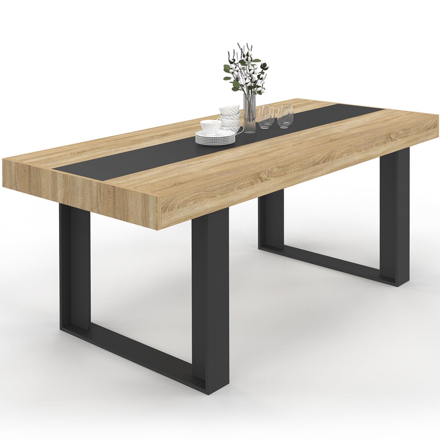 IDMarket - Table à Manger Rectangle Phoenix 8 Personnes Bois et Noir Bande Centrale Noire 200 cm