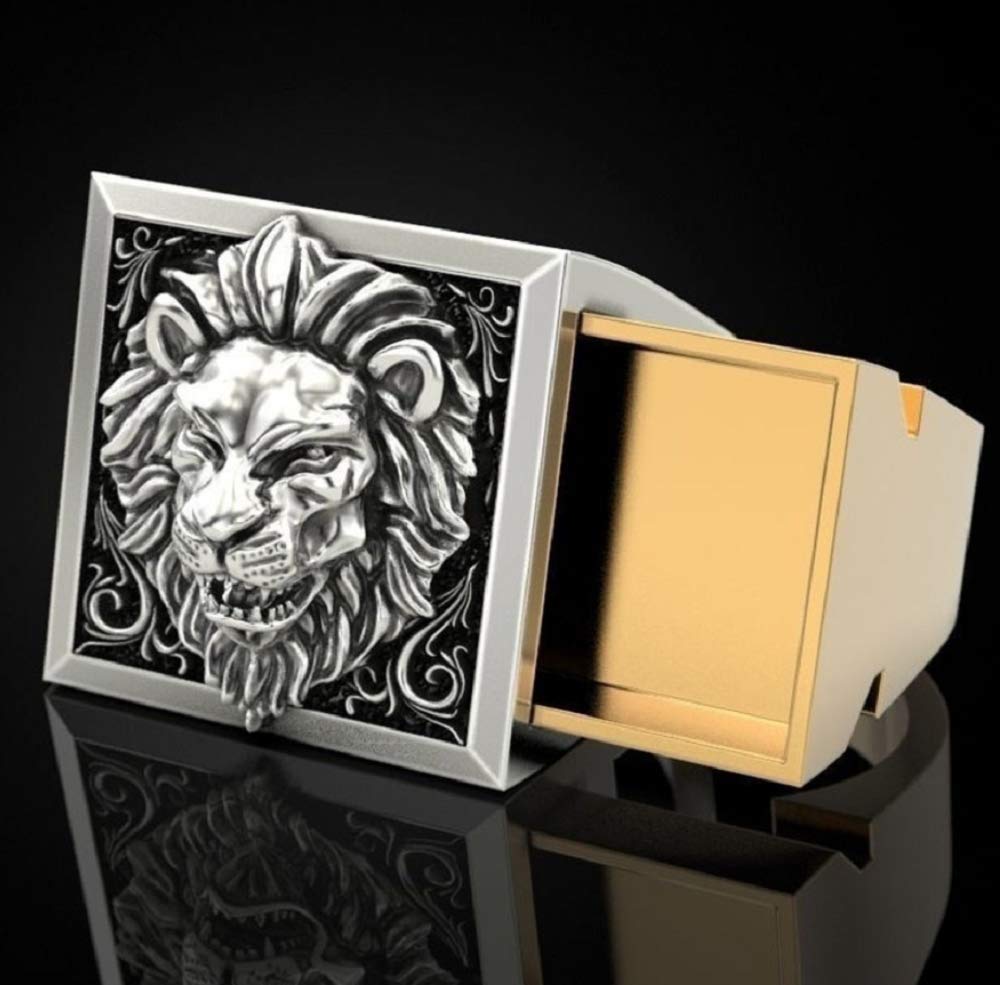 LRGKMCWTOB Men's Lion Ring Roaring Lion Head Vintage Engraved Carved Band Rings with Mini Hidden Storage Box Design Hip Hop Party Two Tone Jewelry Unique Gift for Men Biker Rapper Size 7-12 (US 10)