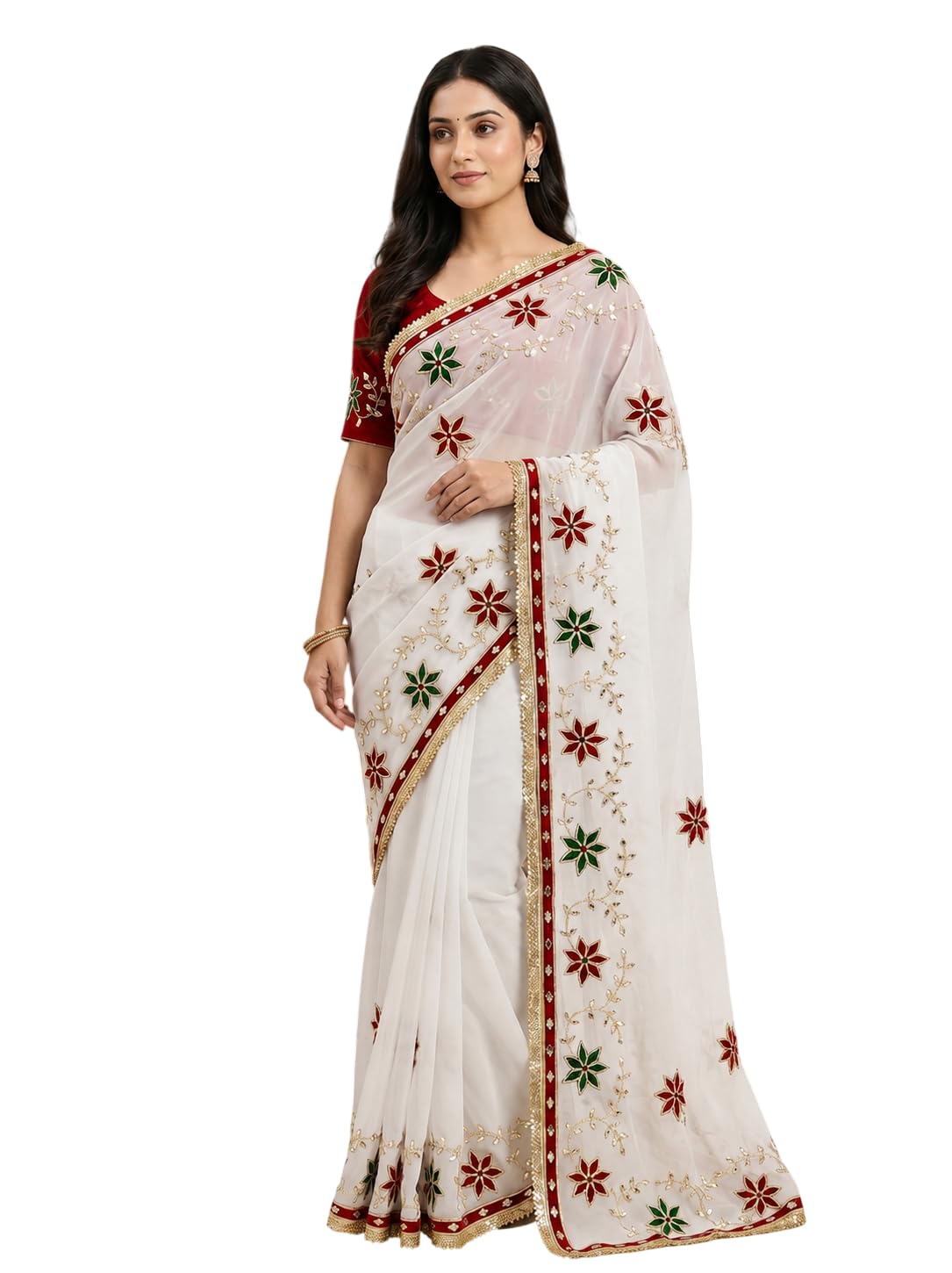 Aurafab Fashion Women's Georgette Embroidered Bollywood Saree | Embroidery, Contrast Blouse Piece, Unstitched Blouse, Multiple Colours-picture-10