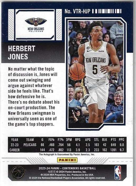 Herbert Jones Autographed Veteran Ticket Collectible Basketball Card - 2023 Panini Contenders Basketball Card #VTR-HJP (Pelicans)
