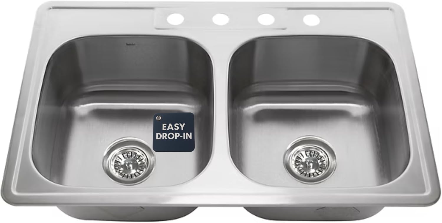 Nantucket Sinks Stainless Steel Sink – 33x22" Drop In Kitchen Sink, Rectangular Double Bowl, 4 Holes, 18 Gauge 304 Steel, Satin Finish, Rubber Padding, Basket Strainer Drain Included