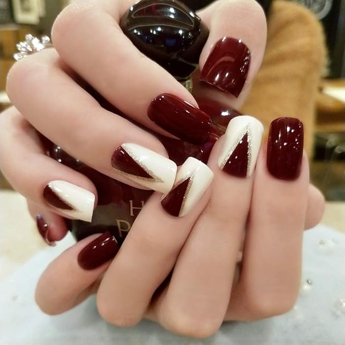 Buy 24pcs Set Fake Nails Elegant Wine Red And White False Nails Short Square Full Cover Bride Nail Art Acrylic Artificial Nails With Glue Online At Desertcart South Africa
