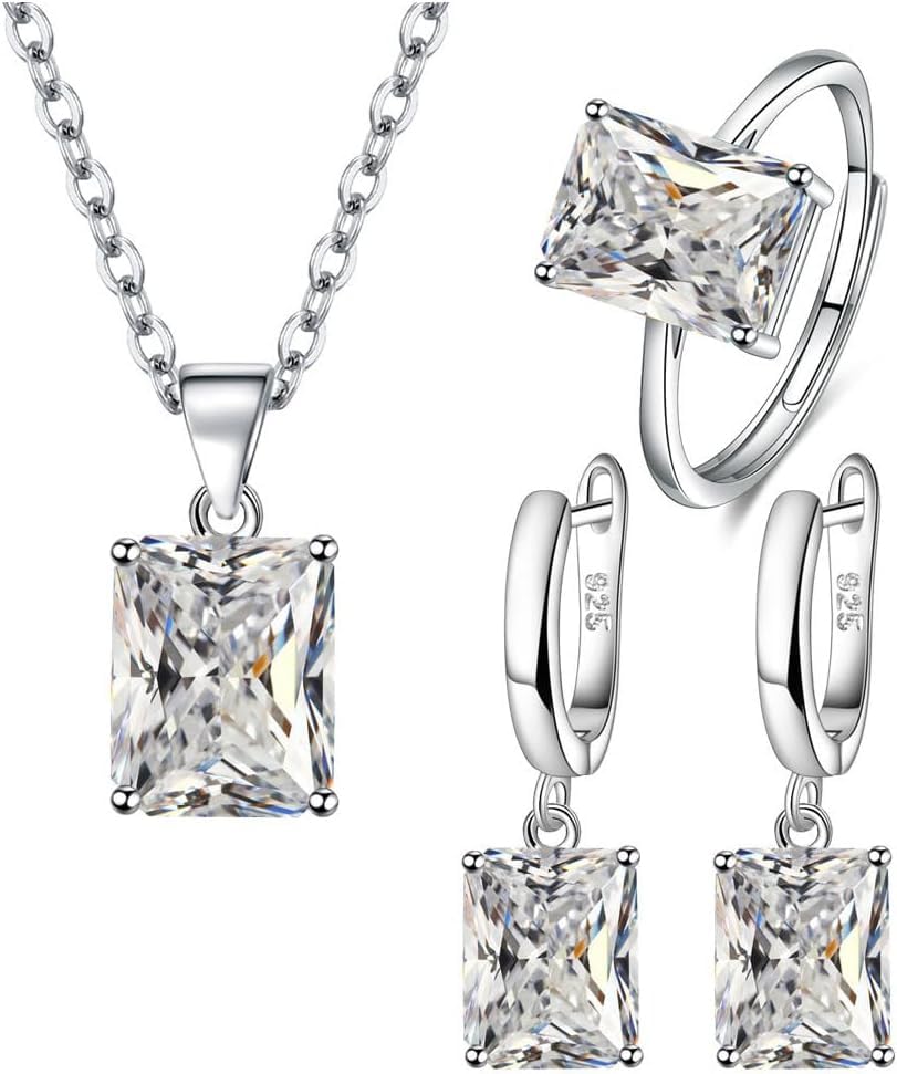 FDEETY 3 Piezas Conjunto Joyas Cuadrado Cristal Collar Pendientes Anillo Plata Ajustable Elegante Mujer Accesorios