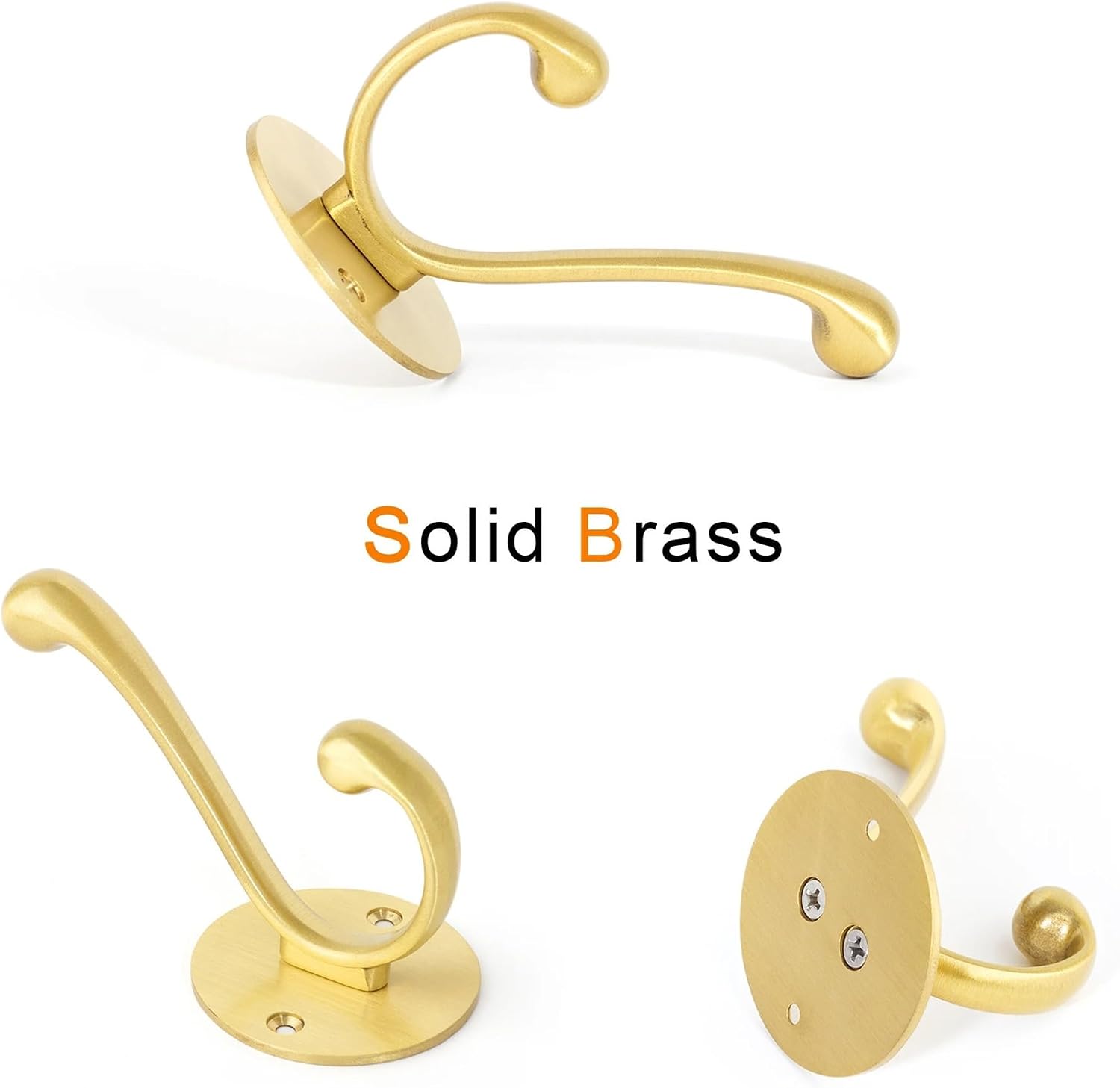 3PCS Solid Brass Wall Hooks, Decorative Metal Wall Hangers for Bedroom Door Dressing Room, Clothes Coat Hat Hanging