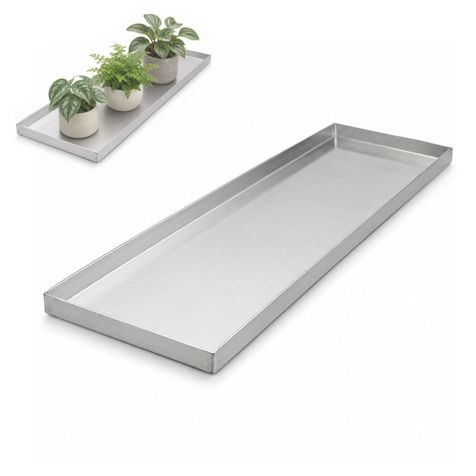 Stainless Steel Plant Tray, Waterproof Rectangular Planter Drip Tray with Raised Edge, Rust Resistant Plant Saucer for Pots, Succulents, Windowsills, Shelves, Balconies(31.9x10.2in/81x26cm)