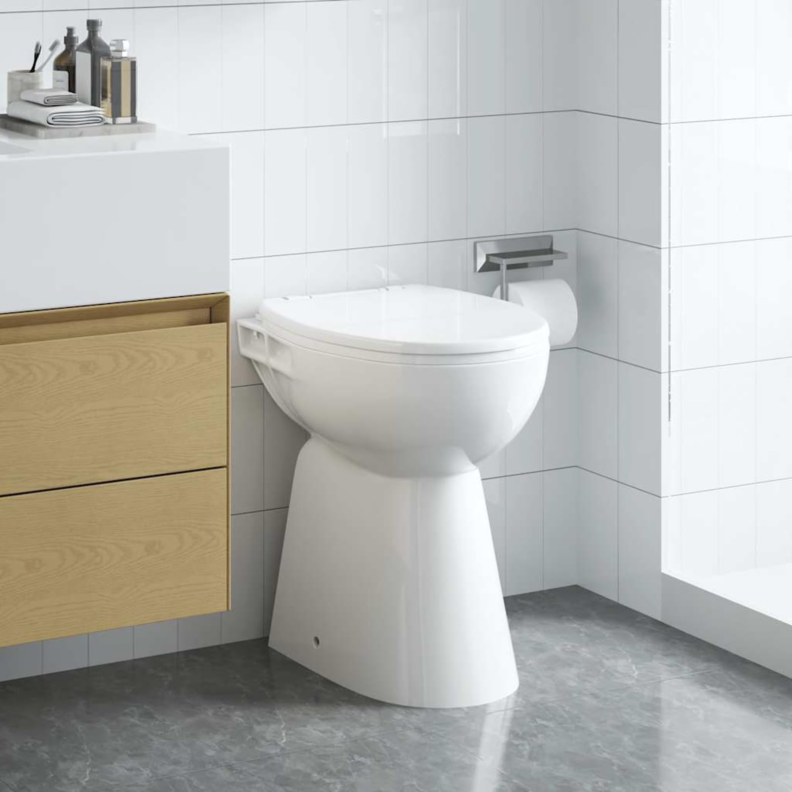 Inodoro sin borde con asiento de cierre suave, diseño fácil de limpiar para personas mayores y personas altas, construcción de cerámica blanca