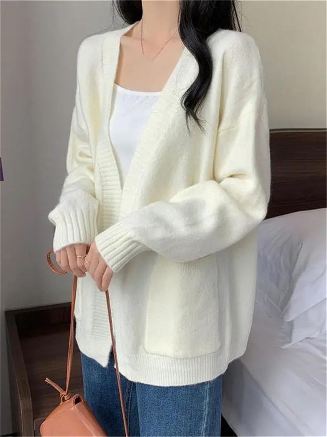 Vogrtcc Top A Maniche Lunghe in Cardigan Lavorato A Maglia con Scollo A V Ampio sul Davanti Aperto da Donna