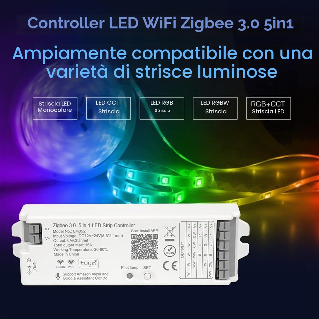 BTF-LIGHTING 5in1 LM052 Tuya Zigbee3.0 LED Controller Supporto Dimming CCT RGB RGBW RGBCCT PWM striscia LED Compatibile con Echo Plus Echo(4th Gen) Ponte/Gateway ZigBee3.0 Lavoro con WR01RF WR02RF ecc