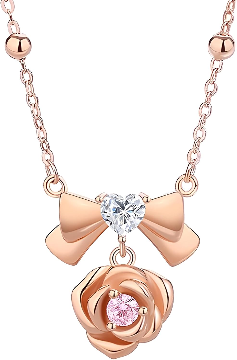 DESTIN Rose Flower Pendant Necklace Rose Gold Plated on 925 Sterling Silver Cubic Zirconia Rose Heart Necklace Birthday Anniversary Jewelry Gift for Women Girlfriend