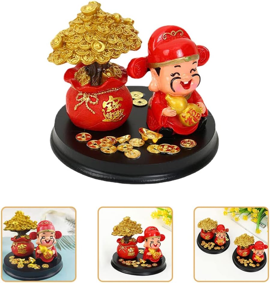 of Wealth Ornament of Money Statue New Year Feng Shui Decoration Fengshui Bonsai Tree of Fortune Statue of Wealth Figurine Feng Shui Nod Doll Swing Wooden Red