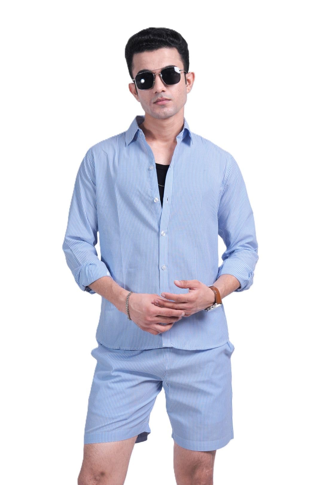 Men’s Blue Striped Co-ord Set | Casual Shirt & Pant Set-image-27