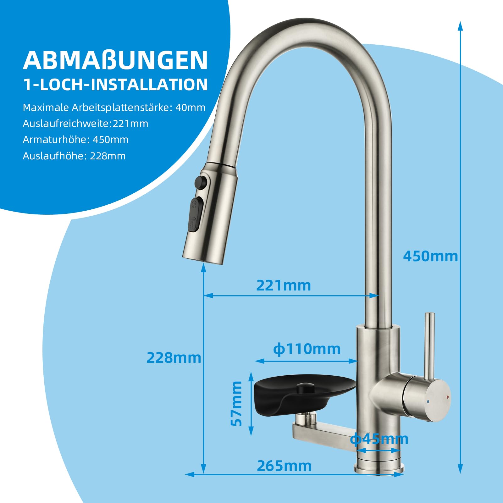 Robinet de cuisine Mynaiad avec lave-gobelet,douchette extractible, double sortie, rotation 360°, robinetterie robinet cuisine en acier inoxydable 304 brossé