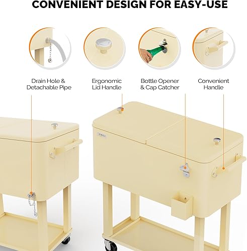Vista 60 de VINGLI Baúl de hielo rodante de 80 cuartos de galón, carrito portátil para fiestas en el patio, bar, con estante, piscina de bebidas con abridor
