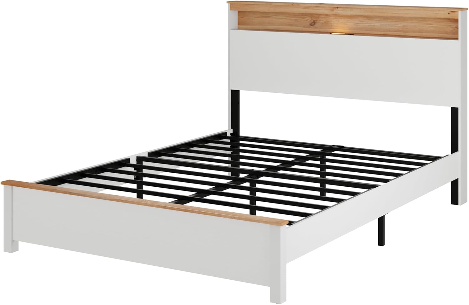 Full Size Wood Bed Frame with Storage Headboard,Wooden Farmhouse Full Bed Frame with 2 Tier Storage Shelf,Platform Bed Frame Full with LED Lights and Charging Station,Easy Assembly,White