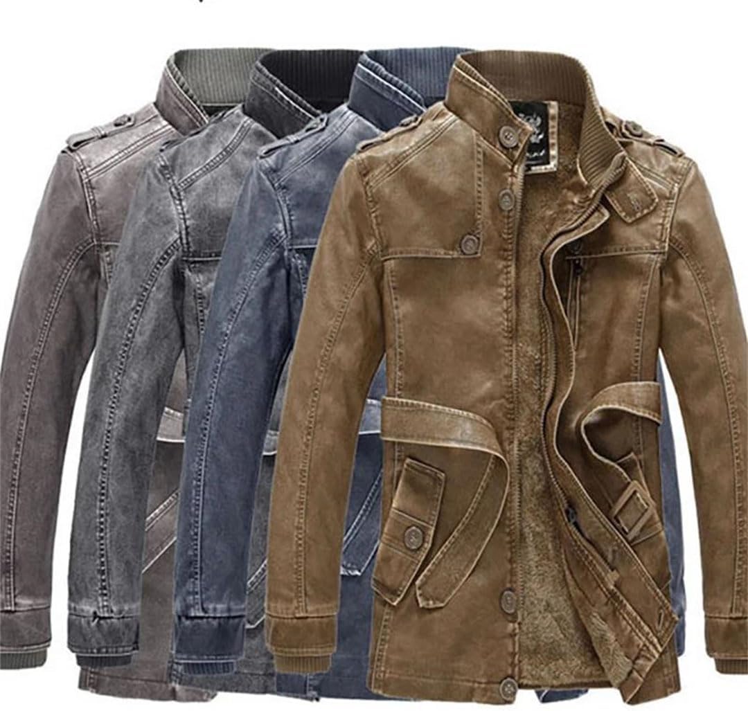 HEYDHSDC Mens Casual Vintage Faux Leather Jacket Winter Long Thick Fleece Biker Outdoor Outerwear Coat