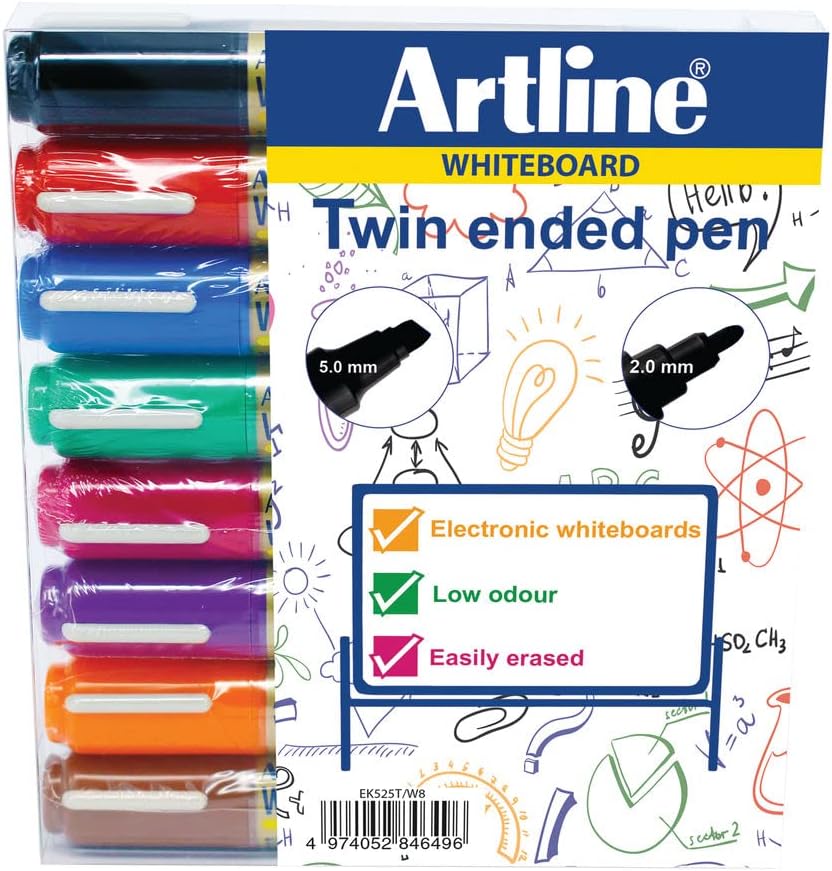 Artline 2-in-1 Whiteboard Marker Bullet Line 2.0mm Chisel Line 3.0-5.0mm Assorted Ref EK-525T [Pack of 8]
