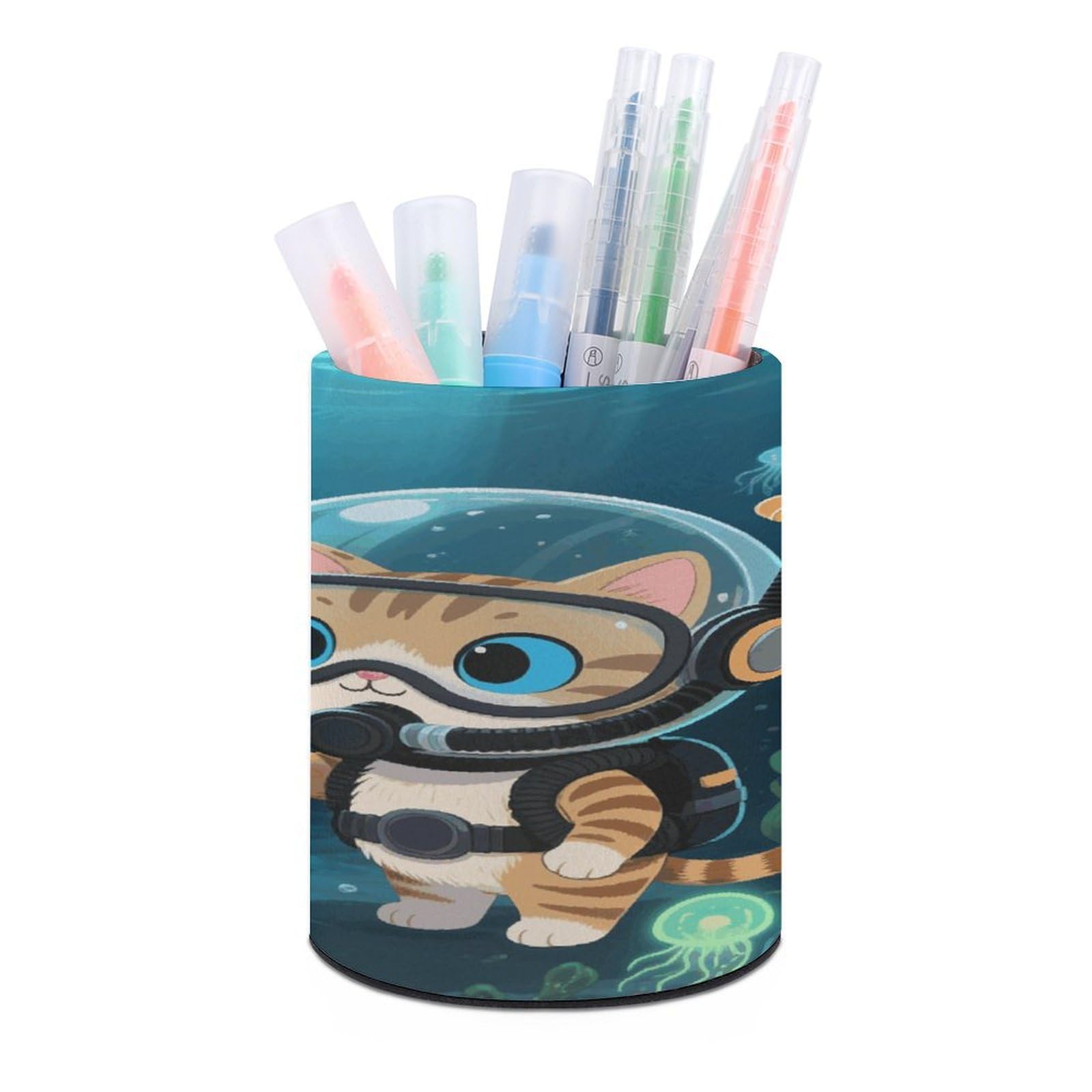 VstaDank - Cat Round Water Pen Holder PU Leather Desk Organizer Stand for Desk Desk Office Desk Home Decor (3.1 x