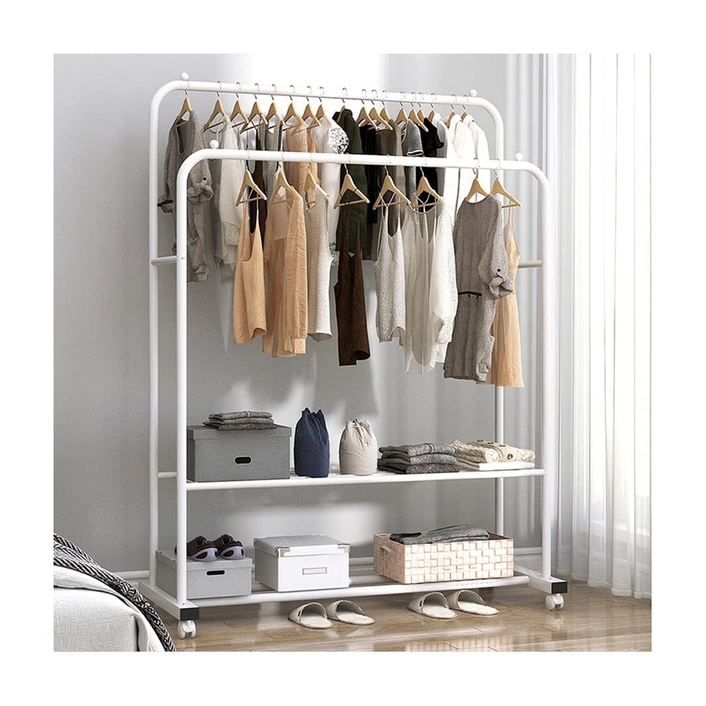 FGXHHS Freestanding Clothing Rack with Shelves and Wheels, Double Rail Garment Organizer for Bedroom Closet Storage