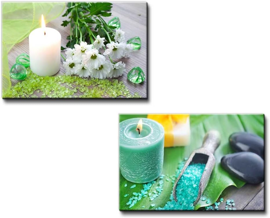 wall26 - Canvas Prints Wall Art - Bath Salt with Candle and Flower Spa Concept | Modern Wall Decor/Home Decoration Stretched Gallery Canvas Wrap Giclee Print & Ready to Hang - 16"x24"x2 Panels
