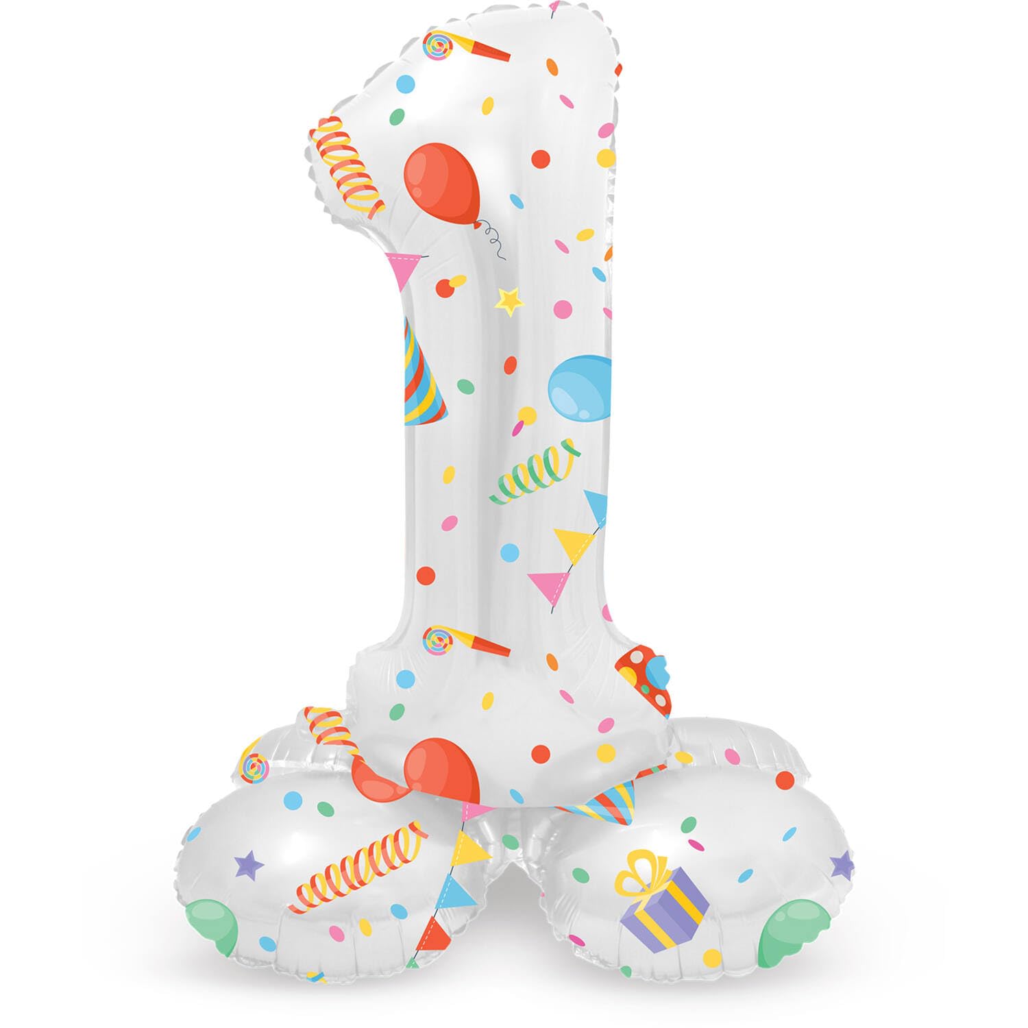 Folat 64761 Balloon Birthday Standing Number 1 Joyful Party White with Gifts and Decoration 41 cm - Decoration Birthday Decoration, Balloon Number, No Helium Required