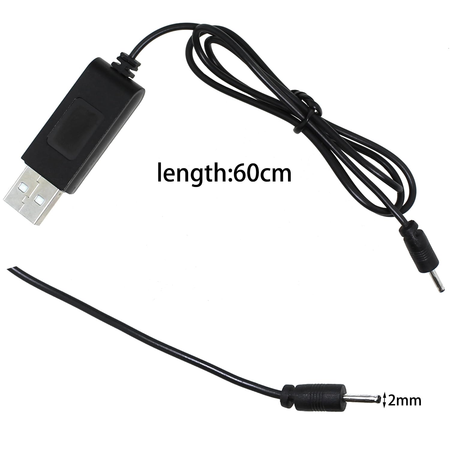 Bxian USB Lithium Battery Charging Cable Black USB Charging Cable OD 2.0mm Round Plug with Indicator Light