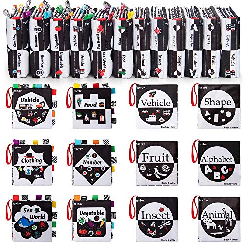 Teytoy 12 Packs Soft Baby Books,Black And White High Contrast Baby Toys Gifts, Crinkle Cloth Books For Newborn Infant Babies 0 3 6 9 12 Months, Early Education Learning Bath Book Sensory Toy #TOP1