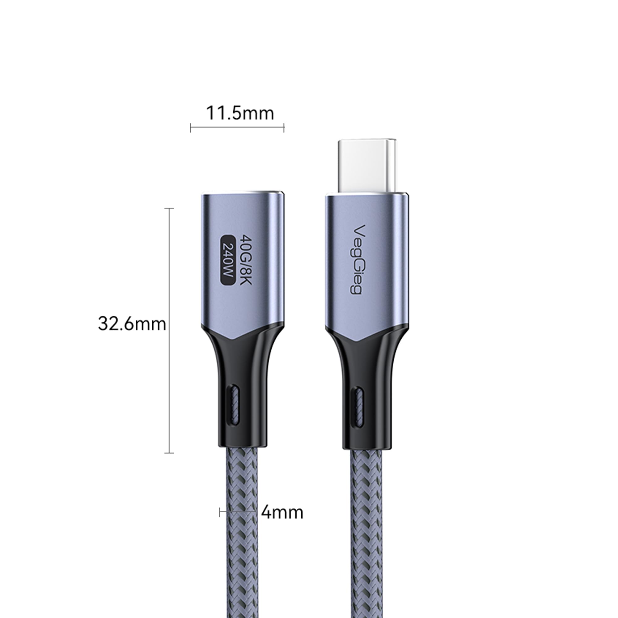 Veggieg USB 4.0 E-Mark 240W 40Gbps Thunderbolt 4 8K 60Hz Type-C Uzatma Kablosu 1 Metre