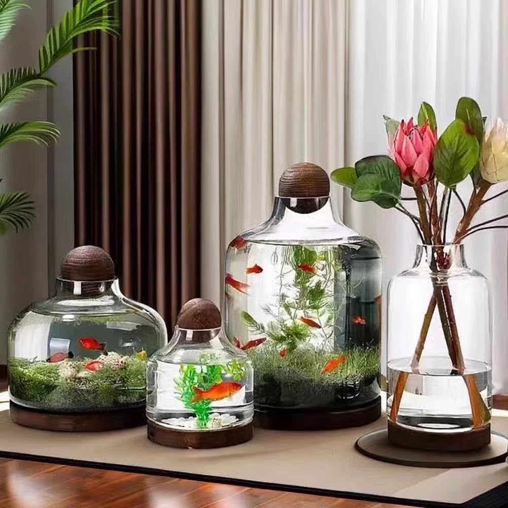 Acquario per Pesci Betta, Moderno Ed Elegante Acquario per Pesci Betta, Acquario in Vetro con Base in Legno, Piccolo Acquario per Pesci Rossi, Boccia in Vetro Ultra Trasparente,L