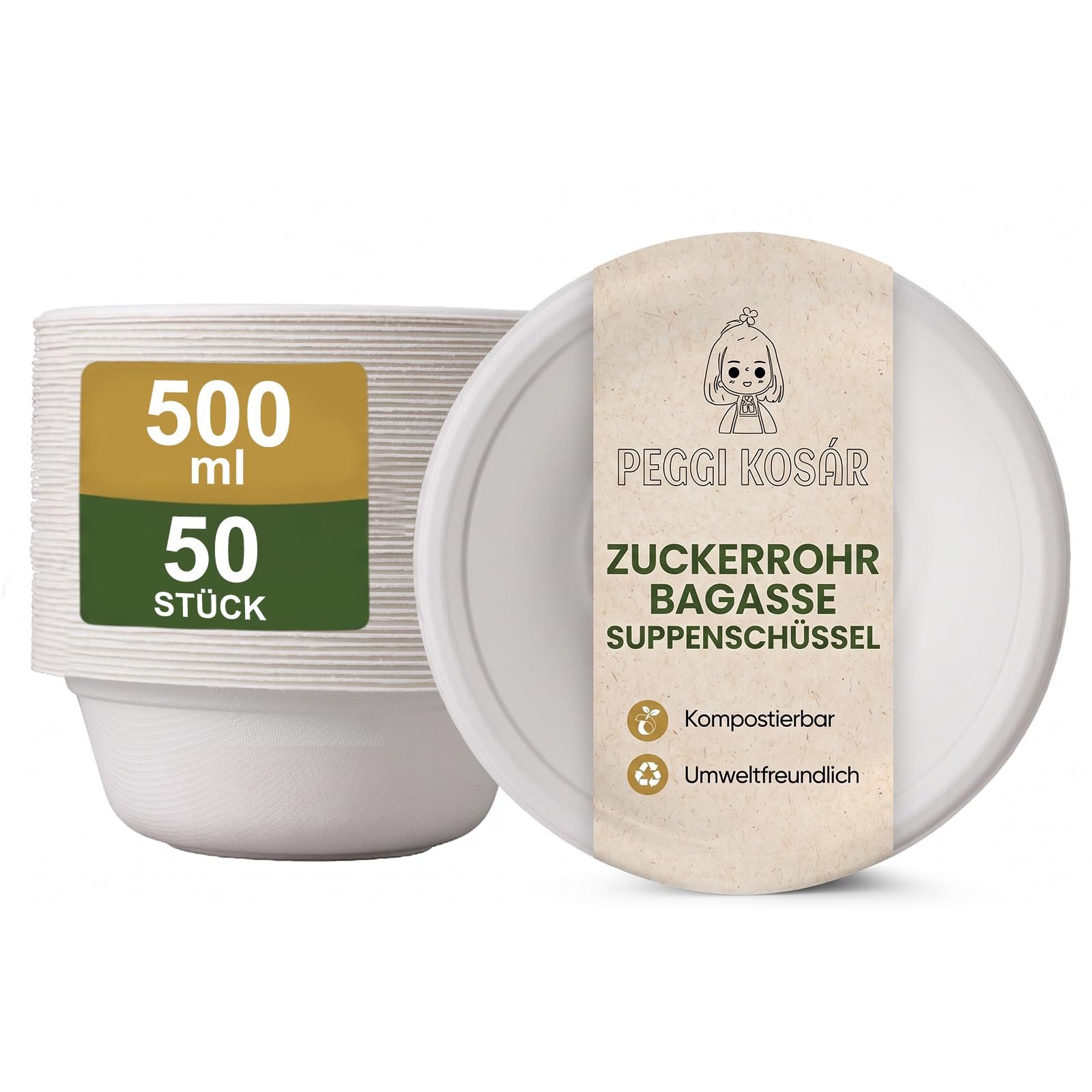 Peggikosar 500 ml Einweg-Suppenschalen aus Zuckerrohr-Bagasse, 50 Stück – Biologisch Abbaubare Schalen, Extra Stabil, Mikrowellen- und Gefriergeeignet, Stapelbar, Weiß