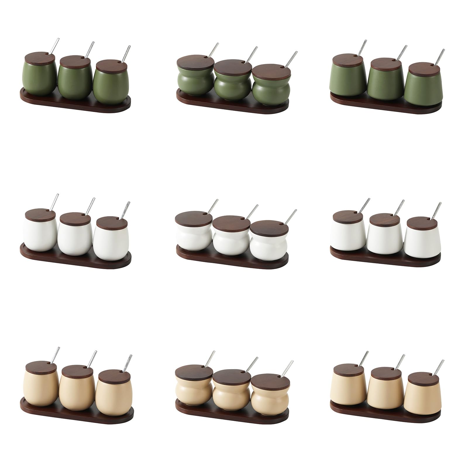 3er Pack Keramik Gewürz Vorratsdosen mit Holzdeckel und Tablett, Löffel, Salztöpfe, Gewürzbehälter Set für Speisekammern, Küche, Keramik Zuckertöpfe
