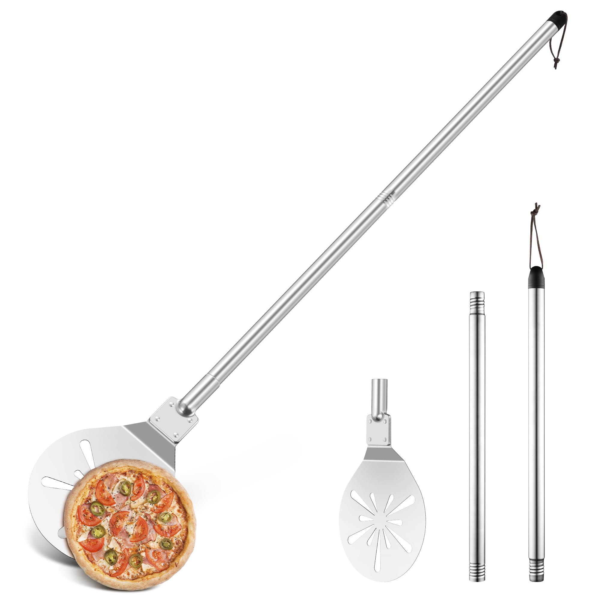 Herogo Pala per pizza in acciaio inox perforata da 9 pollici, pala rotonda in metallo, con manico lungo rimovibile in metallo per una facile scorrevolezza, facile da pulire e conservare, 22,8 x 25,4 x