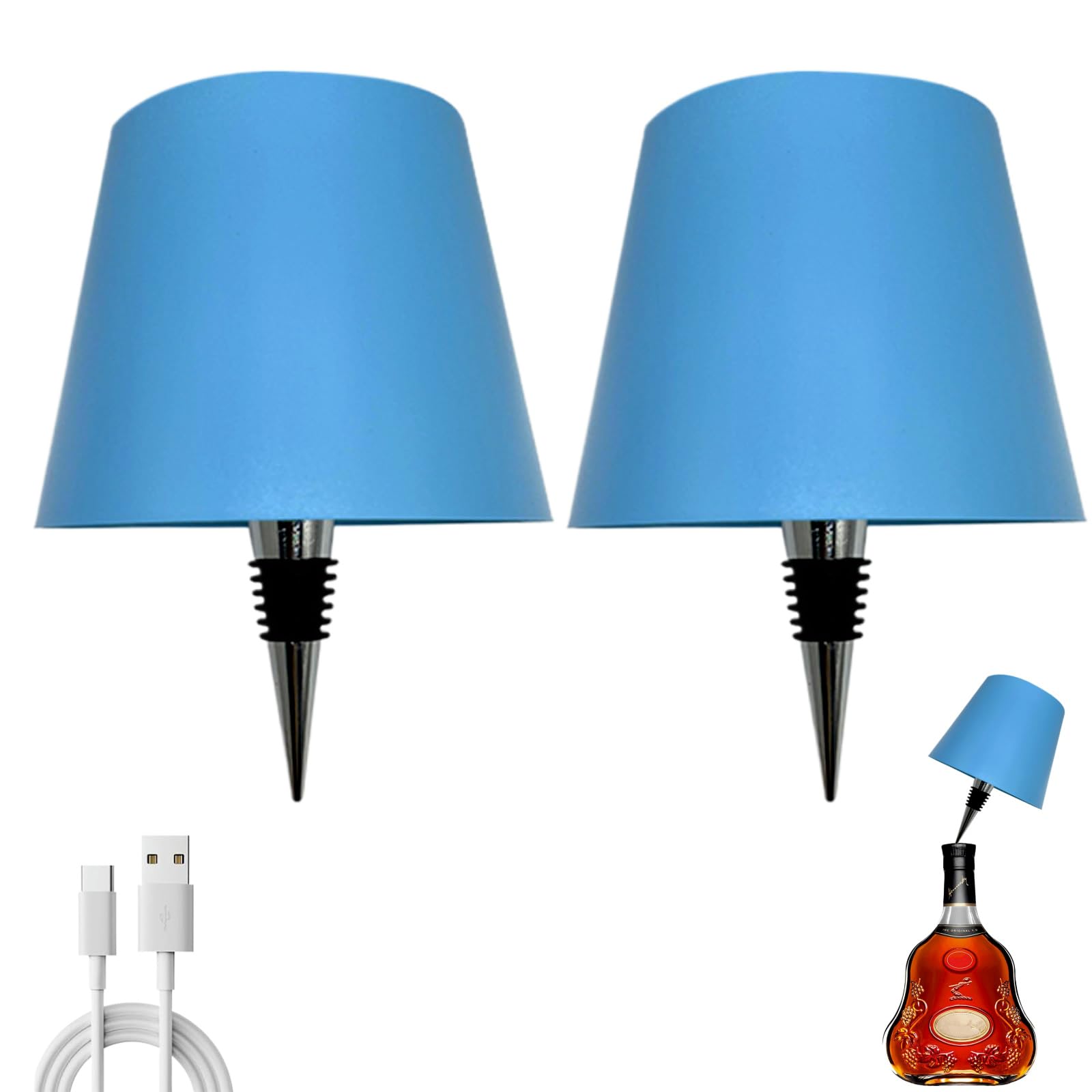Brabola Wireless Wine Bottle Lamp, Liquor Bottle Light Rechargeable Touch Control Cordless Table Lamp with 3 Color Dimmable for Restaurant, Home, Bar, Office, Christmas (Blue, 2 Pcs)