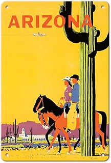 Pacifica Island Art Arizona - State Flower of Arizona - Saguaro Cactus - Vintage Airline Travel Poster by Fred Ludekens c.1960s - 8 x 12 inch Vintage Metal Tin Sign