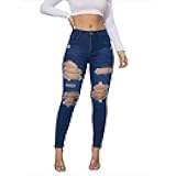 Women's High Rise Skinny Stretch Ripped Jeans High Waisted Destroyed Butt Lift Slim Fit Tight Denim Pan