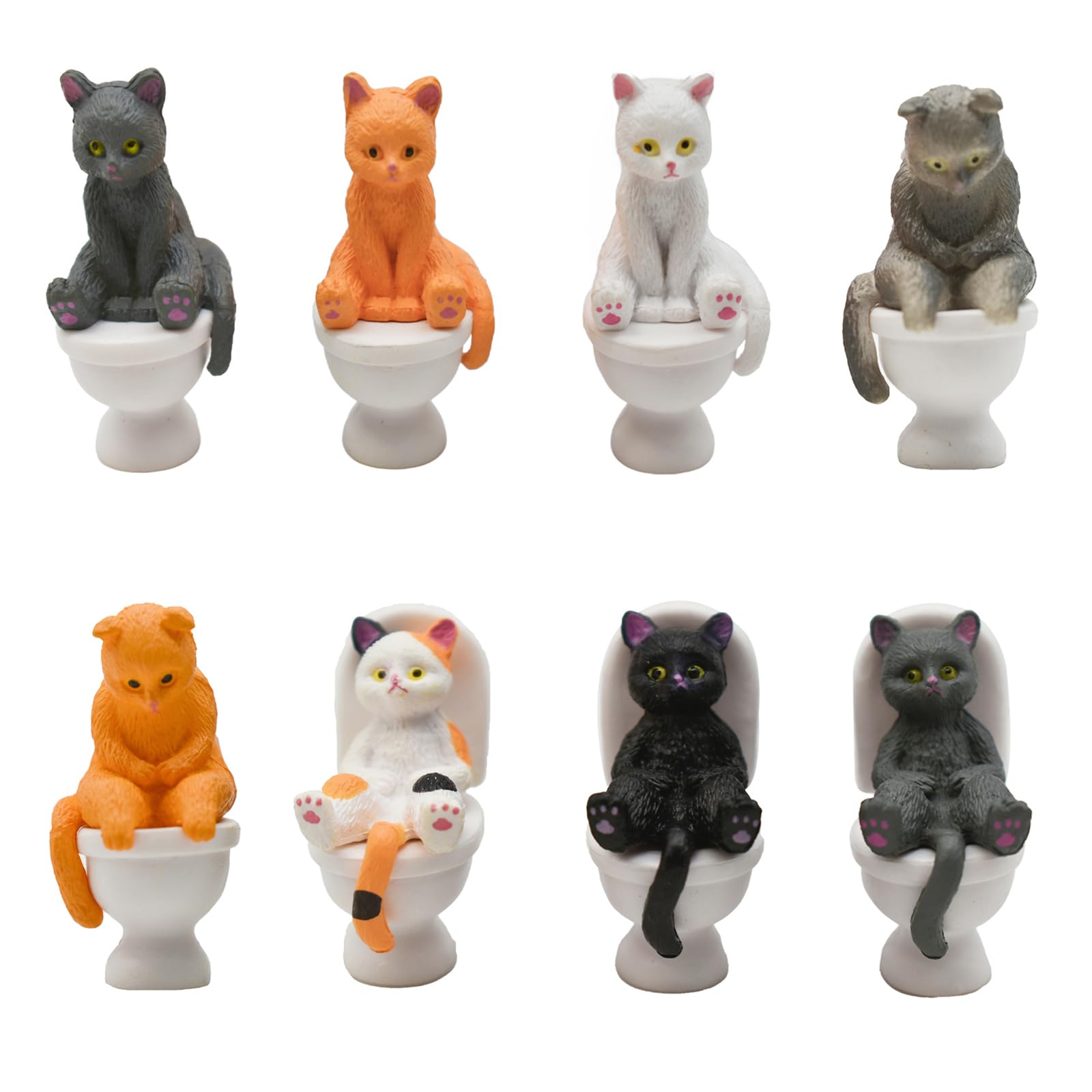 Pinenjoy 8Pcs Cat on Toilet Figurine Miniature Lazy Kitty Figures Mini Resin Kitten Cake Topper for DIY Easter Party Gift Dollhouse Fairy Garden Moss