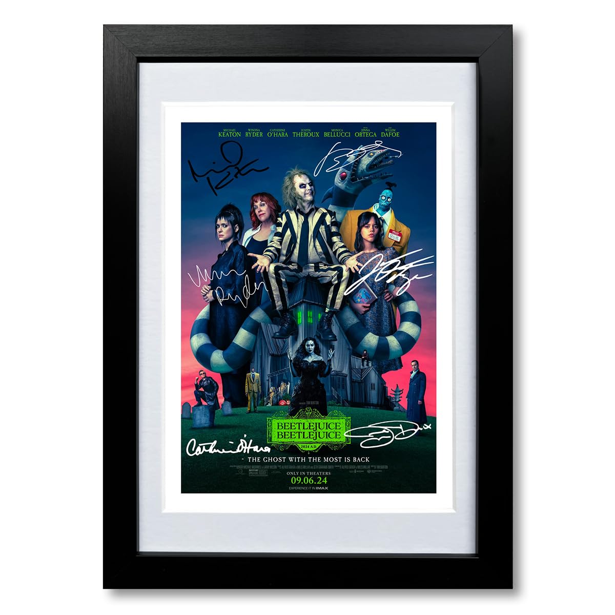 Beetlejuice Beetlejuice Cast Signed Autograph Poster Photo Print Framed Memorabilia Gift Movie Film 2024 Michael Keaton Jenna Ortega (A4 framed & mounted)