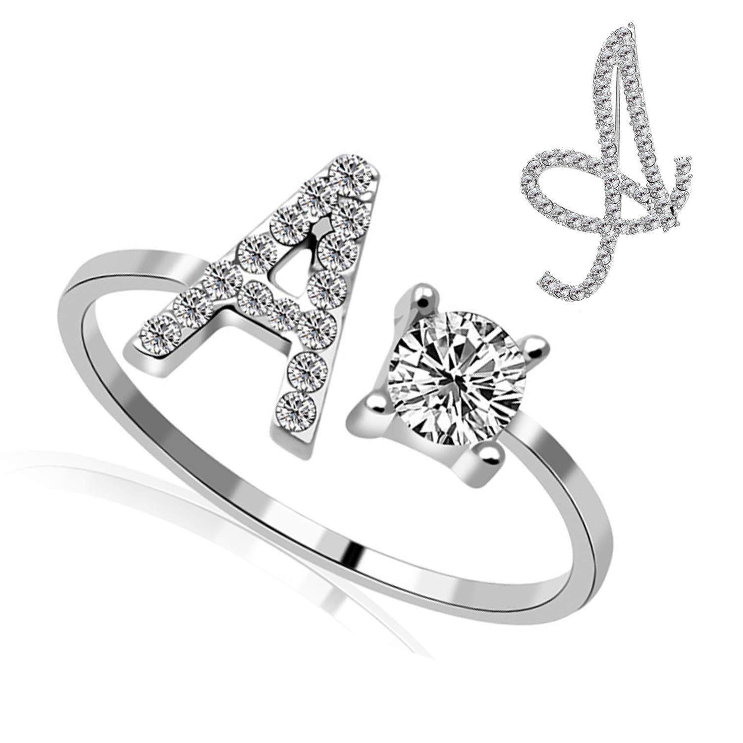 RINHOORINHOO Initial Knuckle Rings and Brooch Pin Silver Crystal 26 A-Z Letter Alphabet Adjustable Ring for Women jewelry
