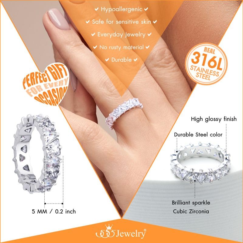 555Jewelry Triangle Shape Cubic Zirconia Wedding Band Stainless Steel Rings for Women Stackable Trillion Cut Eternity Band Rings US Size 6-104