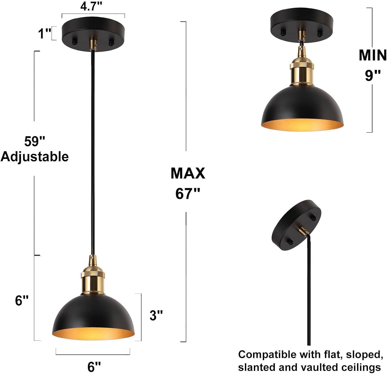 KSANA Black and Gold Pendant Light, Mid-Century Modern Ceiling Hanging Light Fixture, Adjustable Kitchen Island Pendant Light Fixtures for Dining Room, Hallway, Foyer, Bedroom