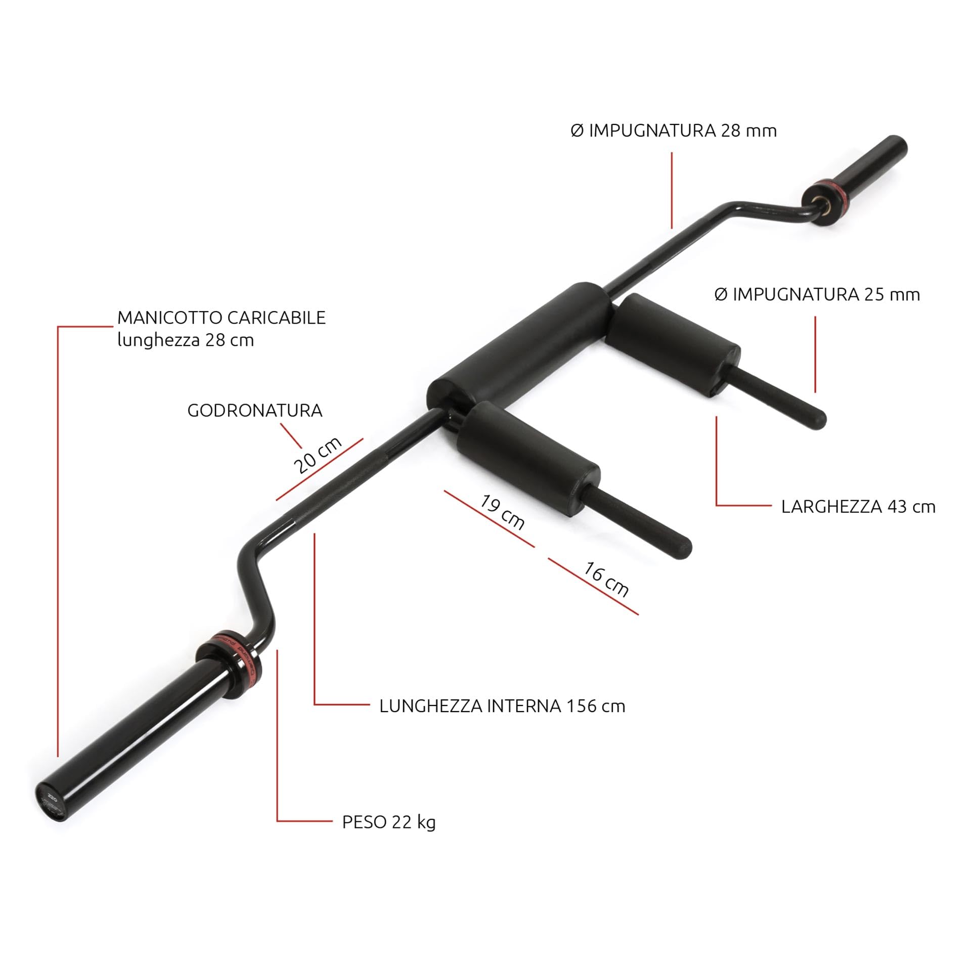 DIAMOND Bilanciere Safety Squat Comfort Superiore [220 cm, Max 250 kg] Ideale per Allenamento Low Body Ø Foro 50 mm