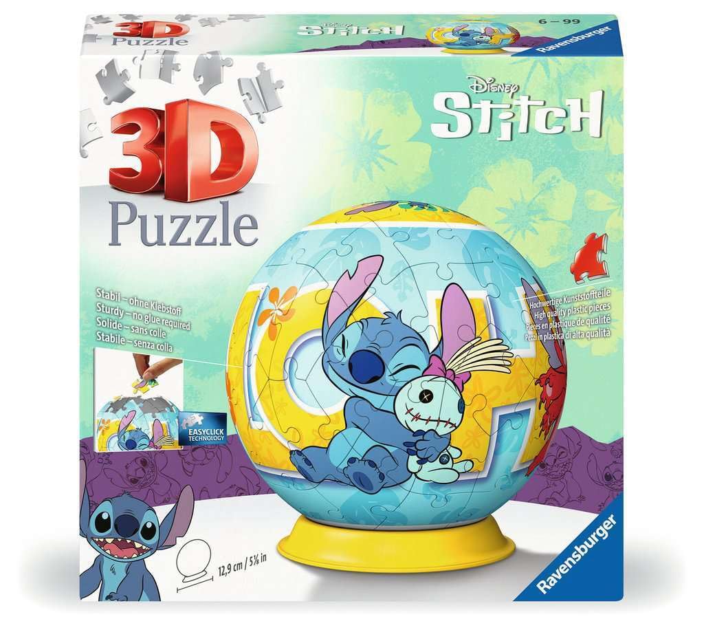 Ravensburger - Puzzle 3D Ball - Stitch - A partir de 6 Ans - 73 pièces numérotées à Assembler sans Colle - Support Inclus - Diamètre : 12,​9 cm - 11596