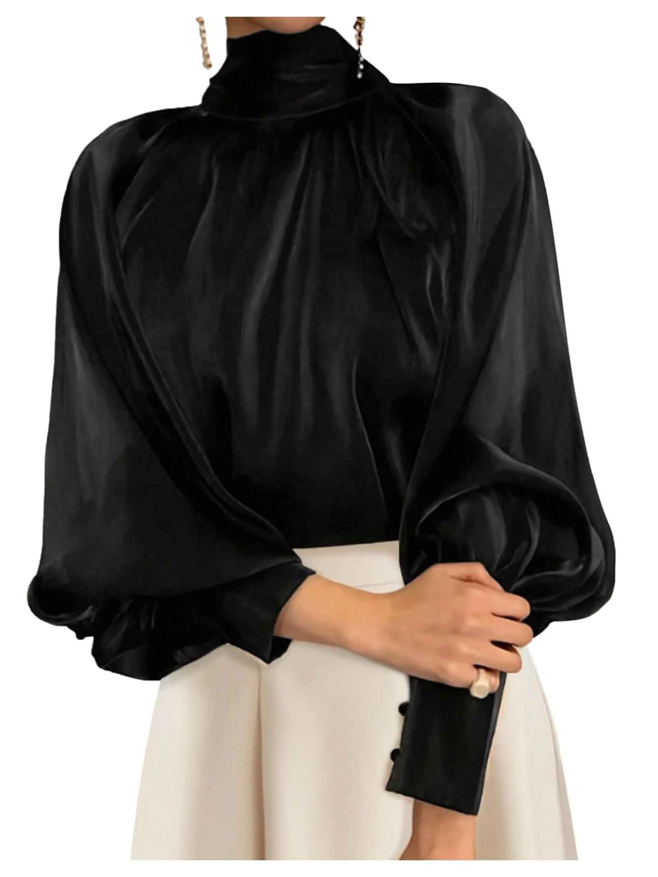 SweatyRocks Women's Mock Turtle Neck Long Lantern Sleeve Bow Back Satin Elegant Shirt Blouses Long Sleeve