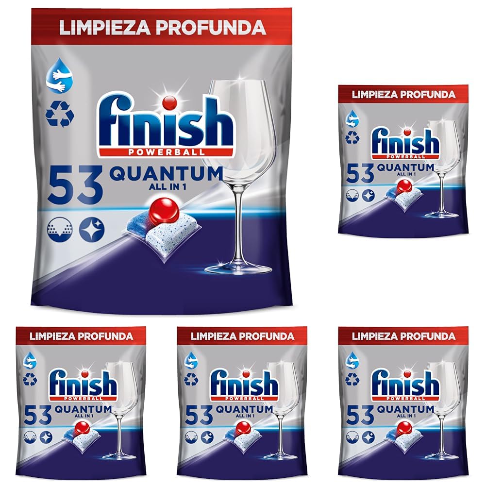 Finish Powerball Quantum All in 1 Pastillas para el Lavavajillas, 53 Pastillas (Paquete de 5)