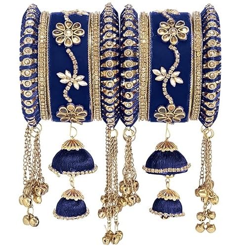 Manasi Bangles Velvet Silk Thread Floral Design with Dangling Jhumki Beads Bangle Set Jewellery for Women | MB34B-picture-19