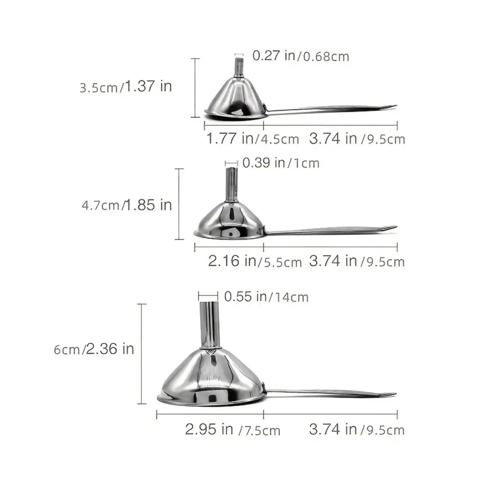 Embudos de Acero Inoxidable 304 con Cepillo de Limpieza, Juego de 4, Embudo pequeño for transferir aceites Esenciales, líquidos, fluidos y Especias.