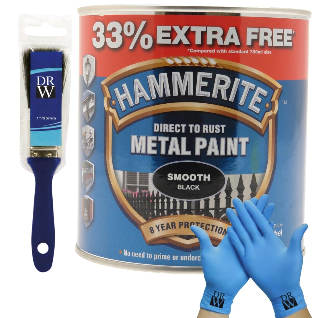 Hammerite Direct to Rust Smooth Metal Paint 750ml + 33% Extra Free (1L) | Smooth Black 1" Brush, 3 Wire Brush Set & Free Nitrile Gloves | Durable Anti-Rust Protection for Indoor & Outdoor