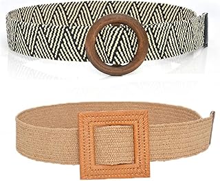 Paglia Cintura, 2 Pezzi Paglia Intrecciata Cintura, Fibbia Legno Cintura Vita, Elasticizzato in Paglia Cintura, con Fibbia Legno Cintura Vita per Donne (Tondo Rigato e Quadrato Albicocca)
