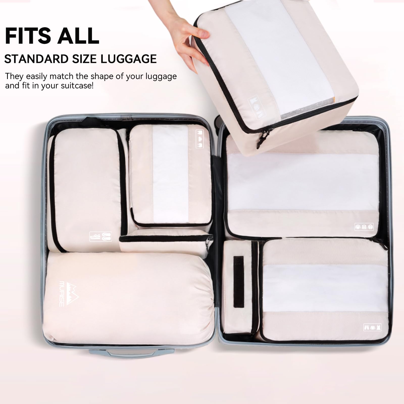 Set De 10 Sacs De Rangement & Compression Pour Valise - Packing Cubes Avec Sac à Chaussures - Noir, Tissu Oxford 600D - 10