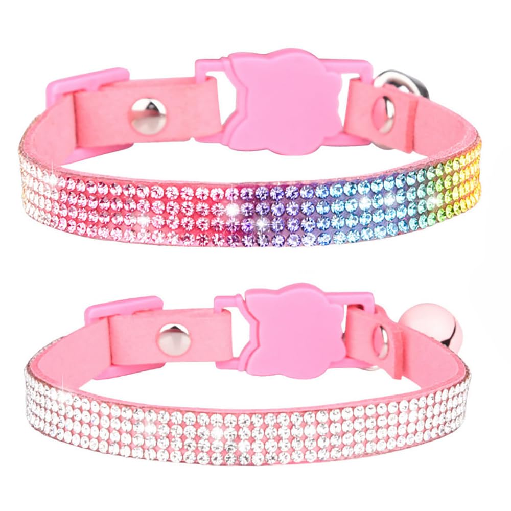 Pink Rhinestone Cat Collar with Bells, 2-Pack Breakaway Kitten Collars with Diamond, Pretty Fancy Sparkly Girl Bling Puppy Collar for XXS XS Tiny